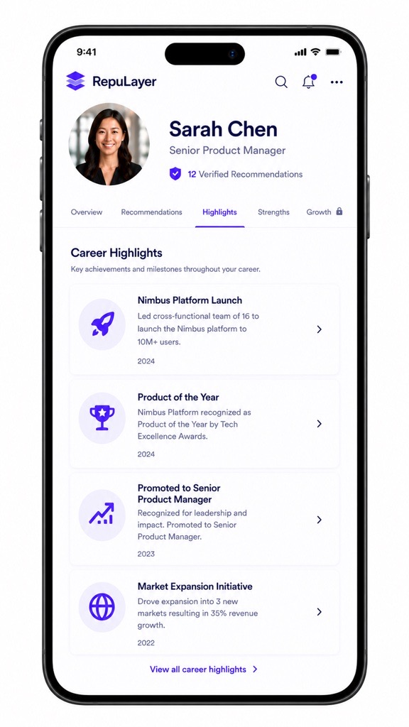 RepuLayer career highlights screen listing key achievements and milestones